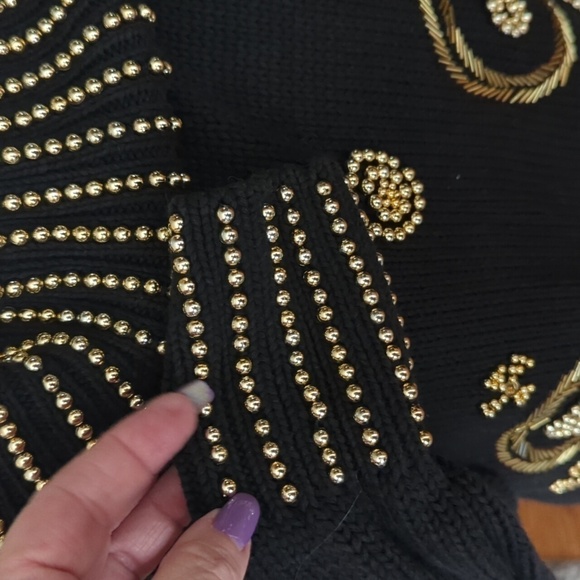 Vtg 80s black knit gold beads "Dynasty" style cotton tunic cowl sweater sz S - Picture 7 of 16